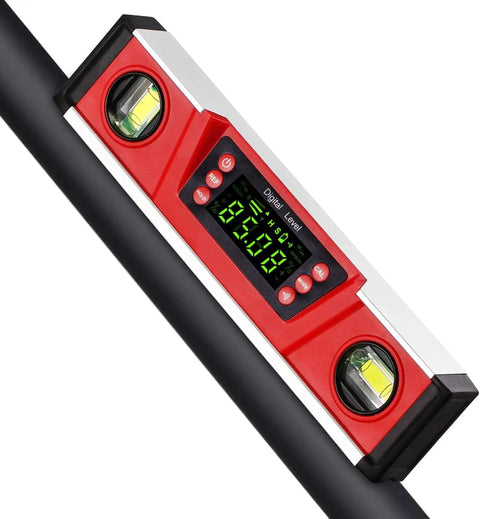 Magnetic 10 Inch Angle Finder And Level Gauge With LED Display, Neodymium Magnets, V Groove Base, IP54 Water Resistant, Easy Pitch And Slope Readouts In Degrees Or Percent, Includes Carrying Bag For Pros And DIY Projects
