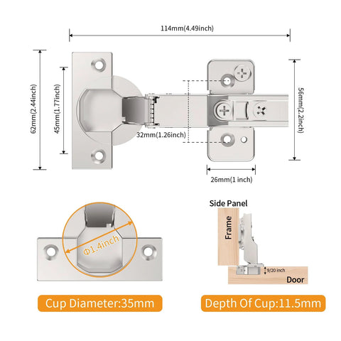 60 Pack Frameless Half Overlay Soft Close Concealed Cabinet Hinges Satin Nickel Clip On Self Closing 105 Degree Open Angle diagram