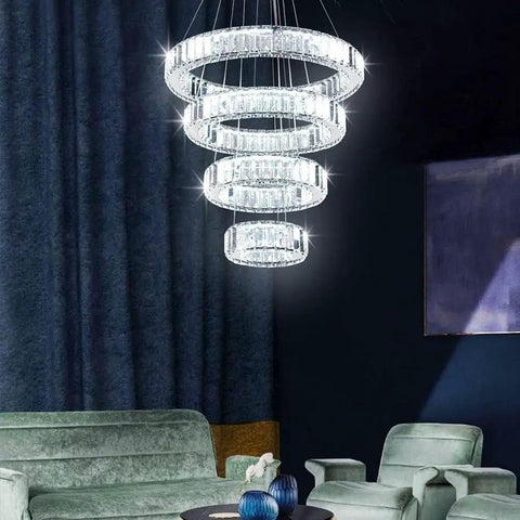 Modern 4 Ring Crystal Chandelier With Built In LED Pendant Light, Cool White K9 Crystal Ceiling Fixture For Dining Room, Living Room, And Bedroom, A Total Showstopper That Pops
