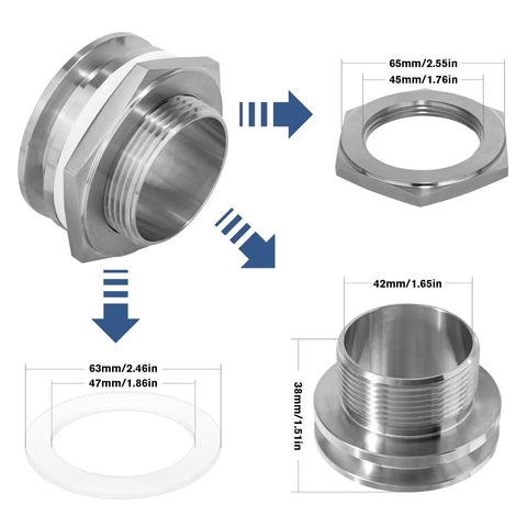 Dimensions and components of 2 Inch Tri Clamp Bulkhead Fittings Stainless Steel 304 Weldless Bulkhead For Kettles