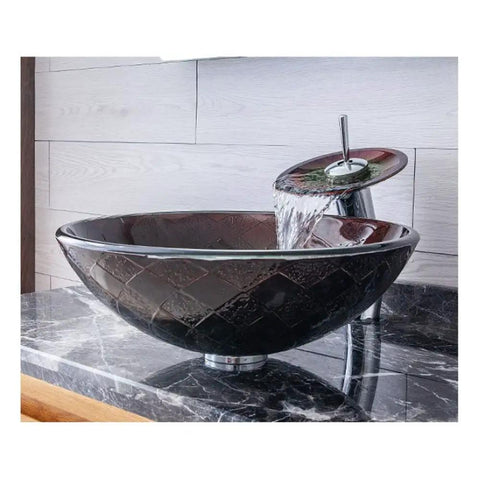 Slick Tempered Glass Bathroom Vessel Sink With Hardcore Waterfall Faucet Premium Countertop Wash Basin showing dark glass bowl on marble counter.