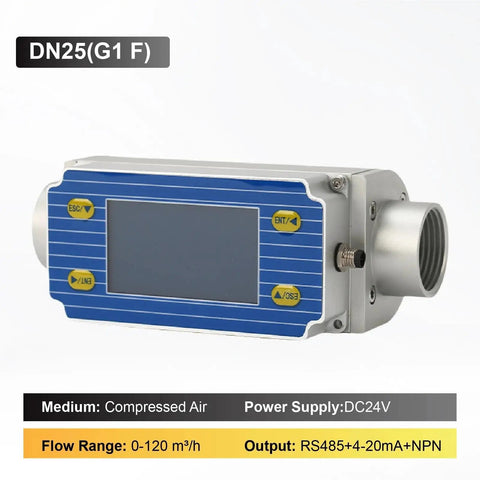 Heavy Duty Digital Inline Thermal Flow Meter Dn25 Compact Gas And Liquid Sensor With Plug And Play Setup Runs Like A Charm For Measuring Methane Propane Oxygen Helium In Rv Systems And Shops, showing display and connections.