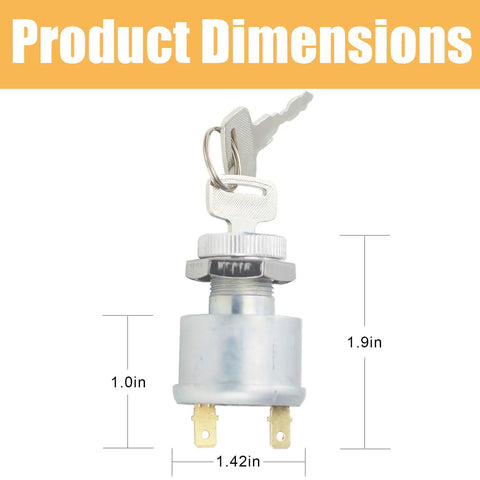Ignition Switch With Key Two Terminals Carabiner Replacement Part 17421G1 shown with dimensions for Electric Golf Carts