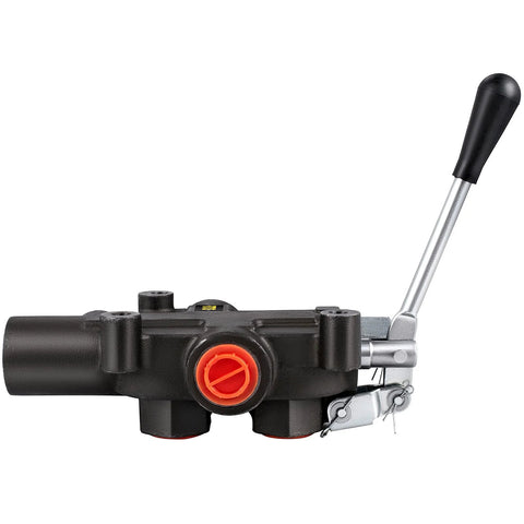 Side view of VEVOR hydraulic directional control valve, 1-spool loader valve with black body, red cap, silver lever