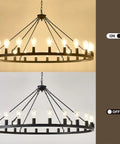 53 Inch Farmhouse Wagon Wheel Chandelier With 24 Lights Rustic Black Round Ceiling Light, industrial style on and off display.