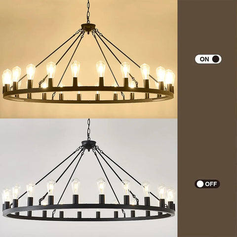 53 Inch Farmhouse Wagon Wheel Chandelier With 24 Lights Rustic Black Round Ceiling Light, industrial style on and off display.