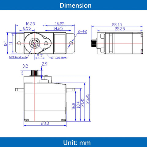 Dimension diagram of Kickass Serial Bus Servos For Robotics And Drones Digital Control Set Of Two Heavy Duty 300 Degree Metal Gear Actuators.