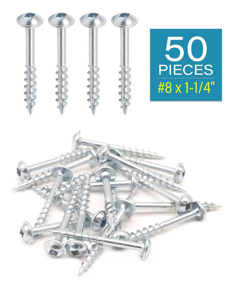 Pocket Hole Wood Screws 50 Count Number 8 By One And A Quarter Inch Square Drive Washer Head Coarse Thread Zinc Coated For Indoor Outdoor Use Your Go-To Fix For Small Woodworking Projects shown scattered with packaging details