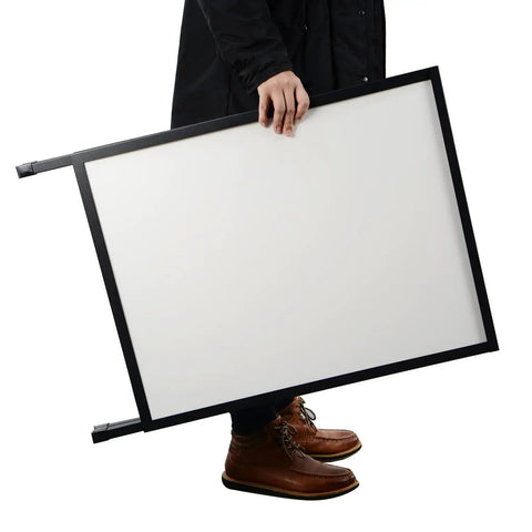 Person carrying Outdoor A Frame Sidewalk Sign 24 By 36 Inch Double Sided Black Coated Steel Weatherproof Heavy Duty Frame with poster board