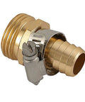 Close-up of a brass 3/4 inch male thread garden hose connector with stainless clamp from Two Pack Brass 3/4 Inch Male Thread Garden Hose Connectors Repair Kit With Stainless Clamps, Heavy Duty And Corrosion Resistant, Fits Standard 3/4 Inch Hoses.