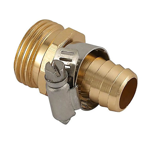 Close-up of a brass 3/4 inch male thread garden hose connector with stainless clamp from Two Pack Brass 3/4 Inch Male Thread Garden Hose Connectors Repair Kit With Stainless Clamps, Heavy Duty And Corrosion Resistant, Fits Standard 3/4 Inch Hoses.