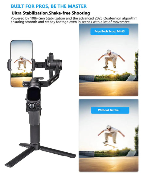 Pro Level Smartphone Gimbal With 3-Axis Stabilization, Built-In AI Tracking Module shown stabilizing a video of a skateboarder