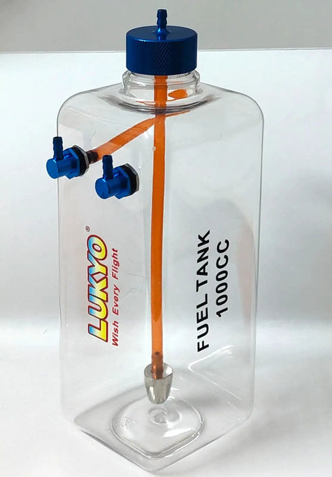 Ready To Fly Gasoline RC Plane Fuel Tank 1000cc Durable Plastic Body With Aluminum Inlet Outlet And Cap For RC Gas Aircraft Engines Model Airplanes Plug And Play, clear tank with blue caps