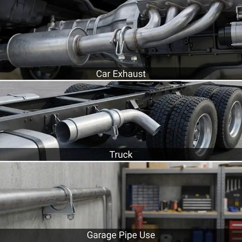 U-Bolt Exhaust Clamp 1.75 Inch OD, 2 Pack in use on car exhaust, truck system, and garage pipe for DIY repairs.