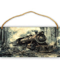 Rusty Steam Locomotive Wooden Hanging Sign 6x12 Inch Vintage Wall Decor Plaque with jute rope featuring a forest scene