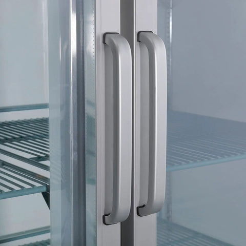 Close-up of handles on Heavy Duty Commercial Reach In Freezer With Dual Glass Doors And Rock Solid Stainless Build.