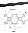 Diagram showing European Standard V Slot Aluminum Extrusion 2040 Profile 2 Pack 500mm Black Anodized Aluminum Rail dimensions.