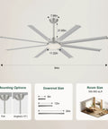 UOJ 84 inch large aluminum ceiling fan with or without lights showing dimensions and mounting options for large spaces.
