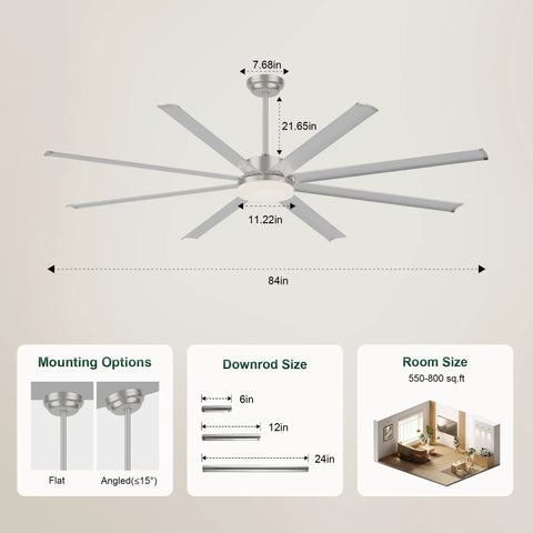 UOJ 84 inch large aluminum ceiling fan with or without lights showing dimensions and mounting options for large spaces.