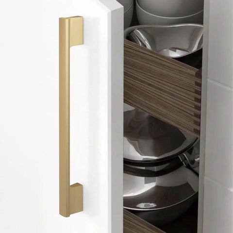 Sleek Brushed Gold Cabinet Pulls 10 Pack With 10 Inch Hole Centers Modern Kitchen Drawer Handles on white cabinet door.