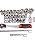Heavy Duty 31 Piece Socket Wrench Set With One Half Inch Drive Ratchet arranged in a tray with chrome vanadium finish.