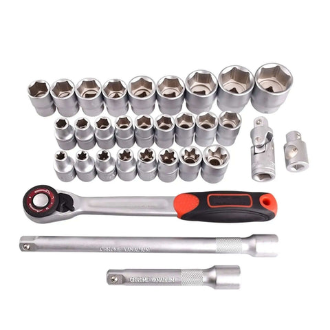 Heavy Duty 31 Piece Socket Wrench Set With One Half Inch Drive Ratchet arranged in a tray with chrome vanadium finish.