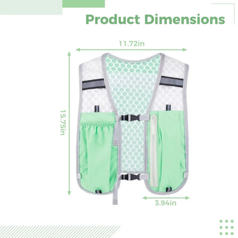 Dope Ultralight Running Hydration Vest For Men And Women With 16.9 Oz Soft Flasks showing dimensions and front pockets