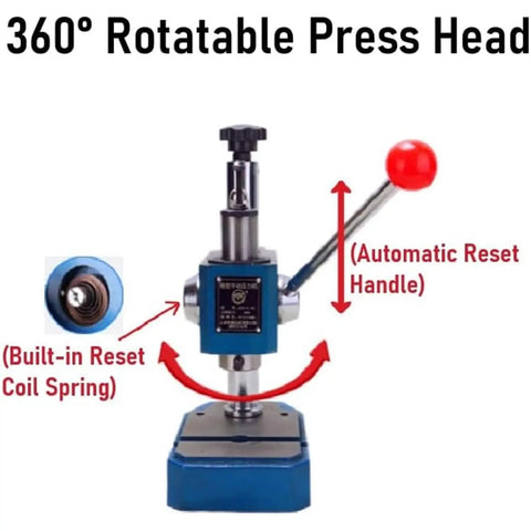 Rugged As Nails Heavy Duty Manual Arbor Press With Secure Grip And 360 Degree Rotatable Head, showing 360° rotatable press head and automatic reset handle.