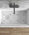 Top view of sink setup with Quartz Color Matched Disposer Flange With Removable Basket Strainer And Rubber Stopper 3-1/2 Inch