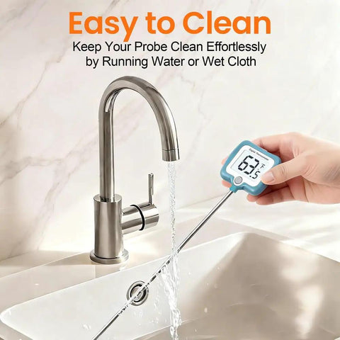 Digital Candy Thermometer With 10 Inch Long Probe And Pot Clip, Rotating Big Display, being washed under a faucet, blue case