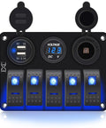 Waterproof 5 Gang Rocker Switch Panel with aluminum body for 12V to 24V boats cars RVs and trucks includes dual USB socket volt meter and bright blue LED indicator beefed up marine grade construction easy DIY install showing front view