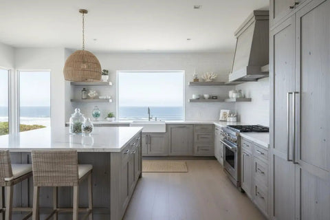 Modern kitchen with light wood cabinetry and ocean view, featuring Heavy Duty Reactive Wood Stain In Light Oaking Creates Slick Sun Washed Finish.