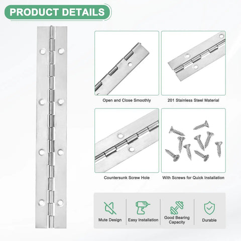 Rock Solid 8 Inch Stainless Steel Piano Hinges 6 Pack Continuous Hinges with smooth operation and screws included.