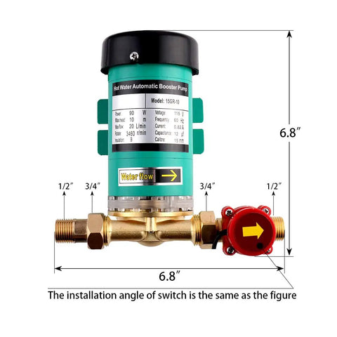 Home Shower Water Pressure Booster Pump 115V 60Hz Three Quarter Inch Outlet 90W Auto Boost Pump With Flow Switch, dimensions shown