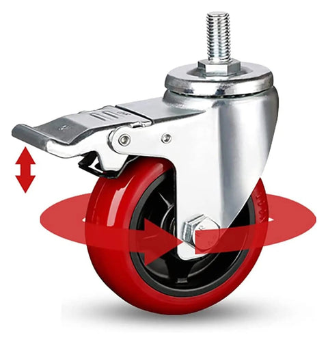 Top Notch Silent Roll 4 Inch Castor Wheels 4 Pack Heavy Duty Swivel Casters With Lockable Brakes No Sweat Glide For Furniture Workbenches Tool Cabinets And Rolling Carts 992 Lbs, showcasing a red wheel with a metal swivel.