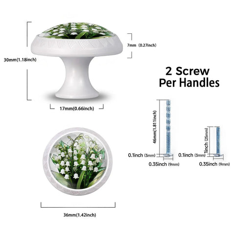 4 Pack Lily Of The Valley Cabinet Knobs Set For Kitchen And Bathroom Stained Glass Style White Bell Flowers With Green Leaves Glossy Finish Totally Dope Decorative Hardware For Cabinets And Drawers, side and top view with screws, 1.37x1.10x0.66 inches, ABS and crystal glass