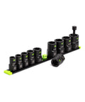Three Eighths Inch Drive Metric Socket Extractor Set BiDirectional Design For Loosening And Removing Broken Studs Stripped Bolts And Lug Nuts Includes Premium Aluminum Socket Rail Ready For Auto Repair displayed with sockets on rail