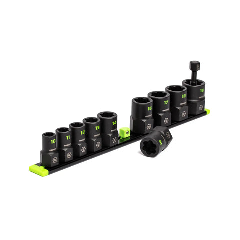 Three Eighths Inch Drive Metric Socket Extractor Set BiDirectional Design For Loosening And Removing Broken Studs Stripped Bolts And Lug Nuts Includes Premium Aluminum Socket Rail Ready For Auto Repair displayed with sockets on rail