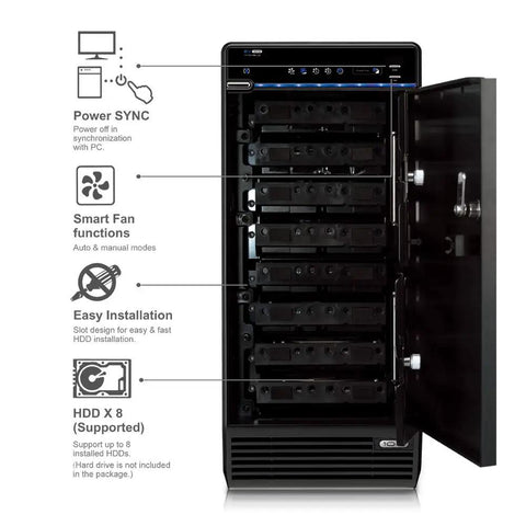 Top Shelf 8 Bay Hard Drive Enclosure Rock Solid Direct Attached Storage Box with LED indicators and open door.