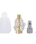Built Like A Tank Pneumatic Die Grinder With 58000RPM High Speed Air Angle Motor parts including connectors and clear bottle.