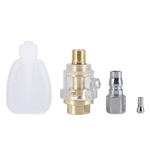Built Like A Tank Pneumatic Die Grinder With 58000RPM High Speed Air Angle Motor parts including connectors and clear bottle.