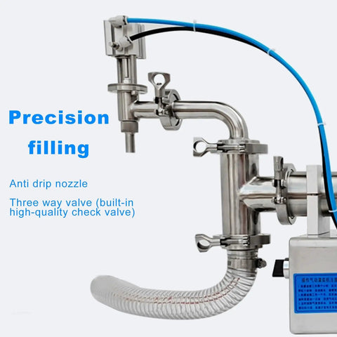 Built Tough Automatic Bottle Filler Slick Liquid Dispensing Machine With Heavy Duty Stainless Steel Frame Pneumatic Drive features precision filler with anti-drip nozzle.