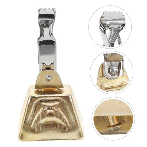 Front view of a clip-on fishing bite alarm with a gold metal base and silver stainless-steel clip.