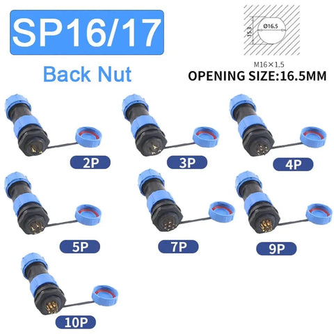 Panel Mount Back Nut Waterproof IP68 Connector Socket Set for Electrical Cables Including SP16 SP17 9 Pin and 12 Pin Variants