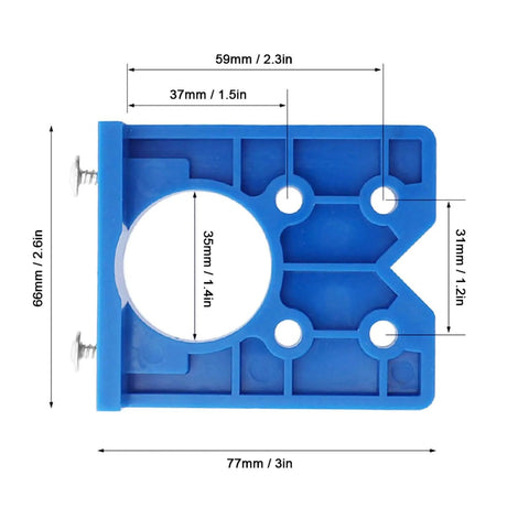 Concealed Hinge Jig 35mm Drilling Guide For Frameless Cabinets And Wardrobes, blue plastic frame with measurements.