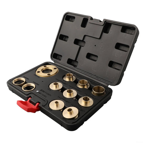 Solid Brass Router Template Guide Kit With 8 Quick Release Bushings And Lock Nuts For Precision Woodworking Projects displayed in a black case.