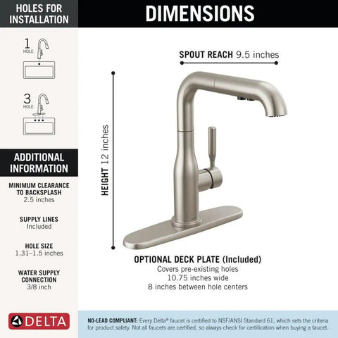 Dimensions of Straight Up Premium Brushed Nickel Kitchen Faucet With Sleek Pull Out Sprayer single handle layout.