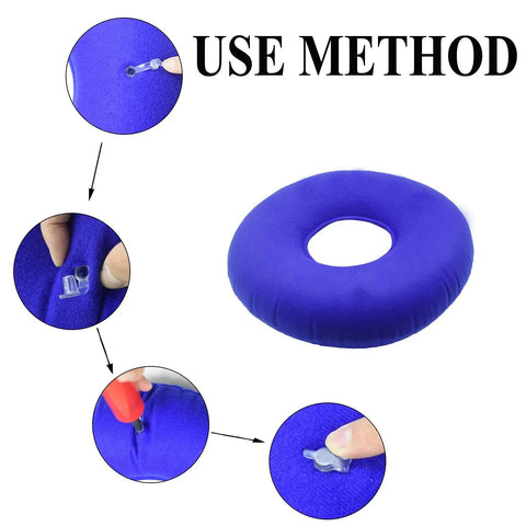 Tailbone Pain Relief Butt Round Pillow Inflatable Air Cushion with Flocked Fabric showing inflation use method