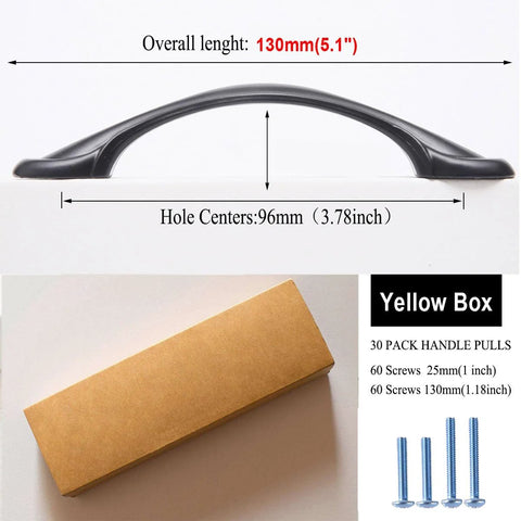 30 Pack Black Stainless Steel Cabinet Handles And Drawer Pulls For Kitchen Cabinets Cupboards And Furniture Hardware Includes 20mm And 30mm Screws Overall Length 5.51 Inches Hole Centers Three And Three Quarters Inches with screws and box