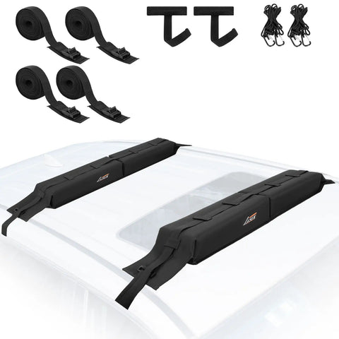Soft Roof Rack Pads For Kayak, SUP, Surfboard, And Canoe With 2 Tie Down Straps, 4 Quick Loop Straps, and a storage bag shown installed